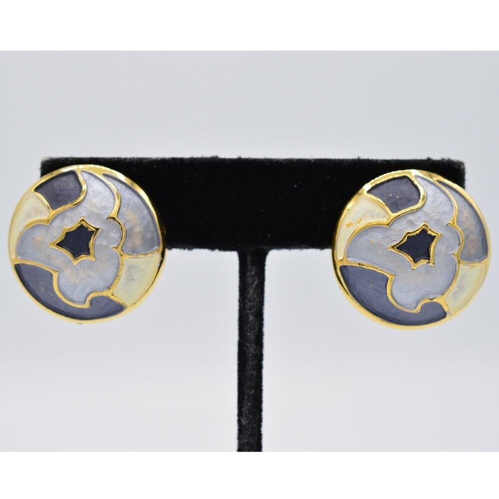 Vintage Clip On Earrings Gold Multi-Tone Blue White Enamel Round NOS 1980s BinAA